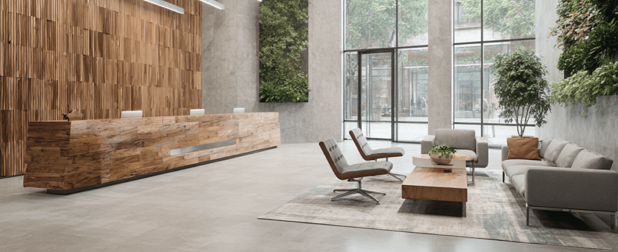 Modern office lobby with wooden reception desk